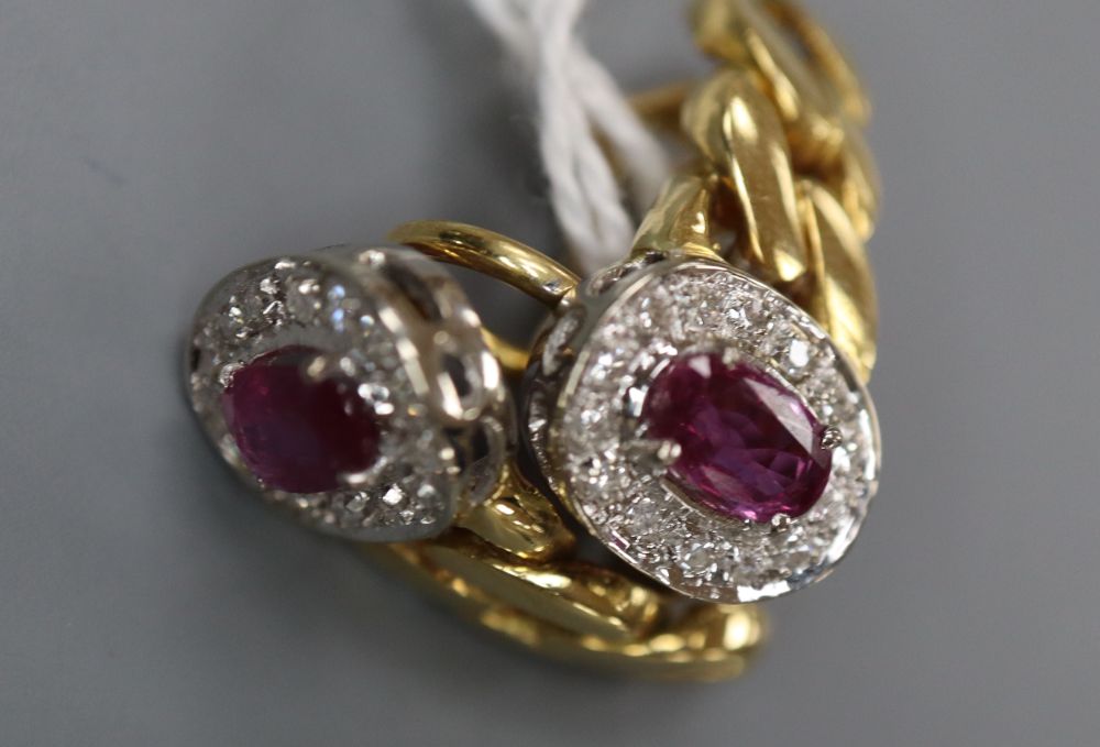 A pair of modern Italian 750 yellow metal curblink, pink sapphire and diamond chip set oval earclips, 22mm, gross 8.2 grams.